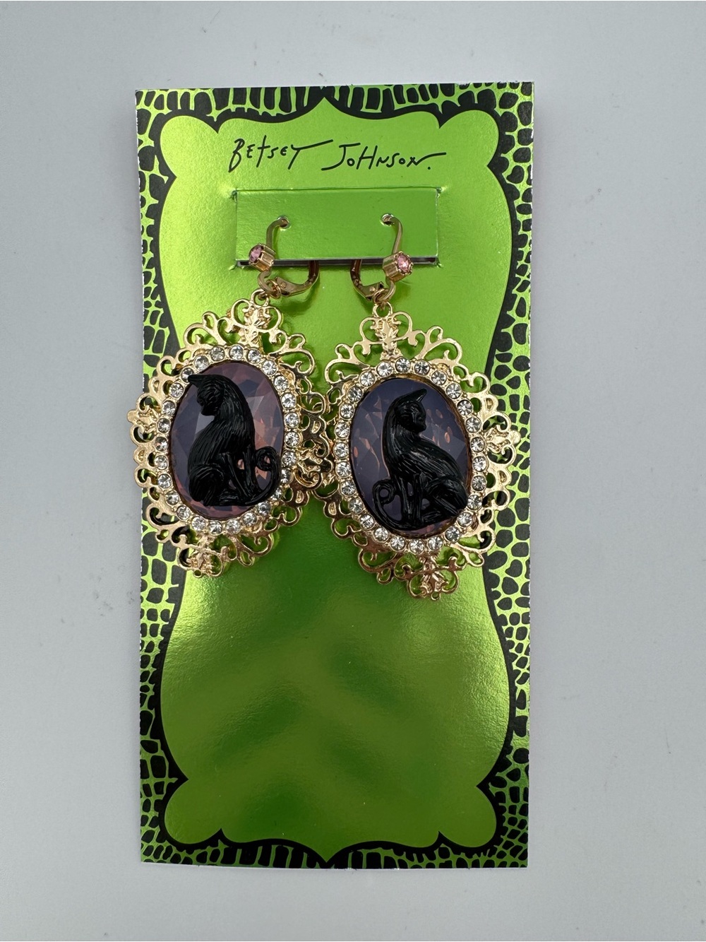Betsey Johnson Black Cat Cameo Earrings Rhinestone Halloween Goth NWT